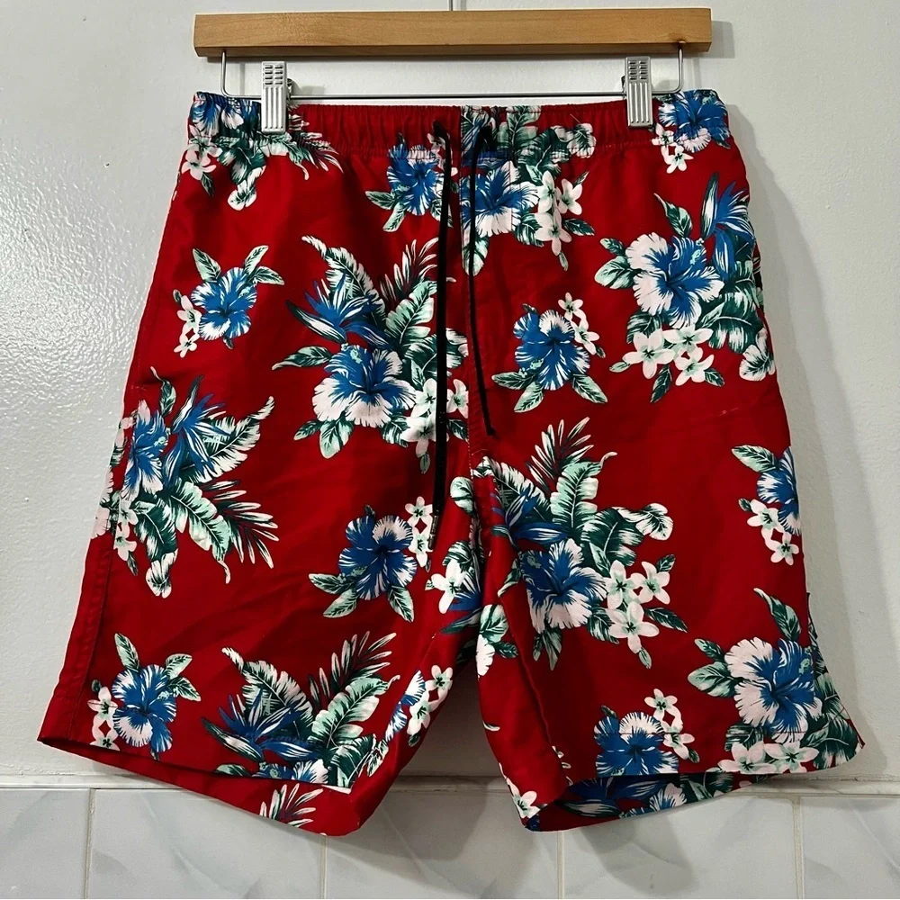 Brooklyn Cloth Surf Ave Small Red Hawaiian Floral Volley Swim Trunks Shorts